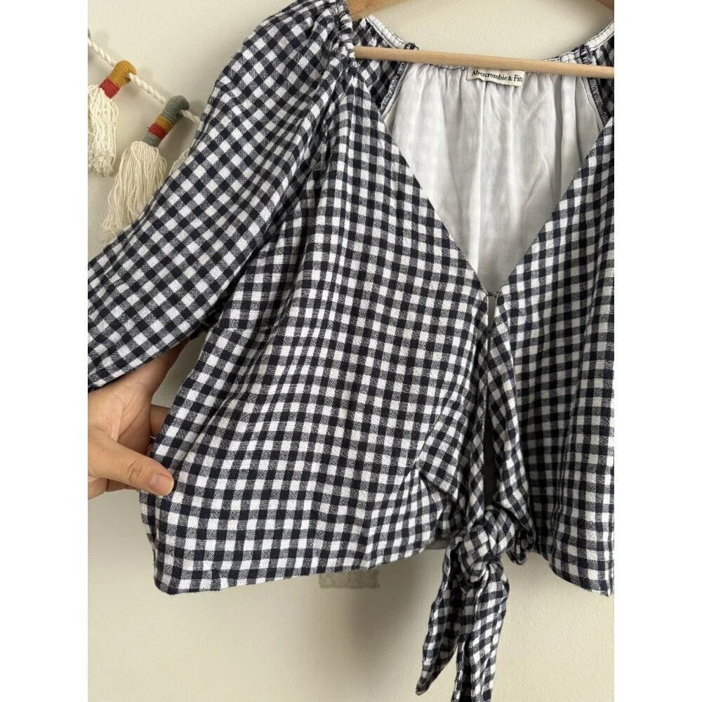 Abercrombie & Fitch Linen Gingham Puff Sleeve Tie Front Crop Top Preppy Coquette